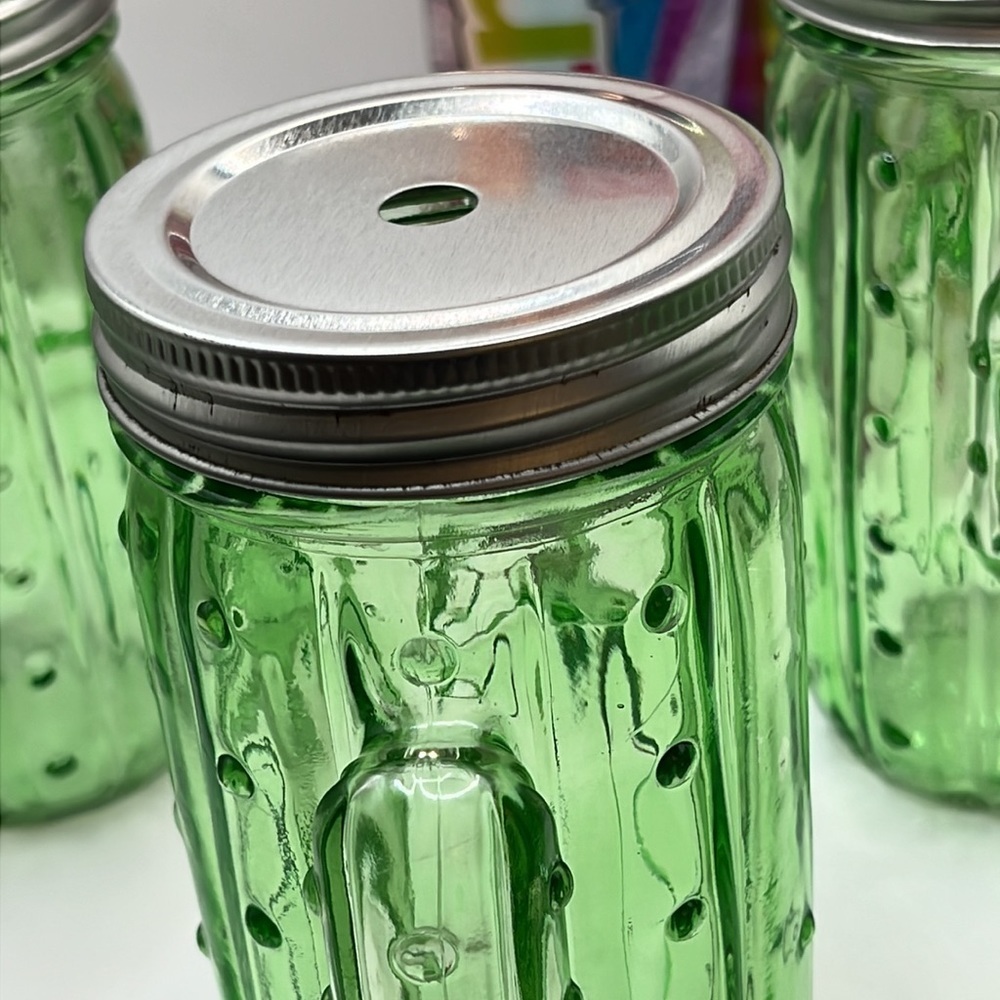 Green Cactus Glass Mason Jar Drinking Glasses with Lids - Set of 4 - Picture 4 of 6
